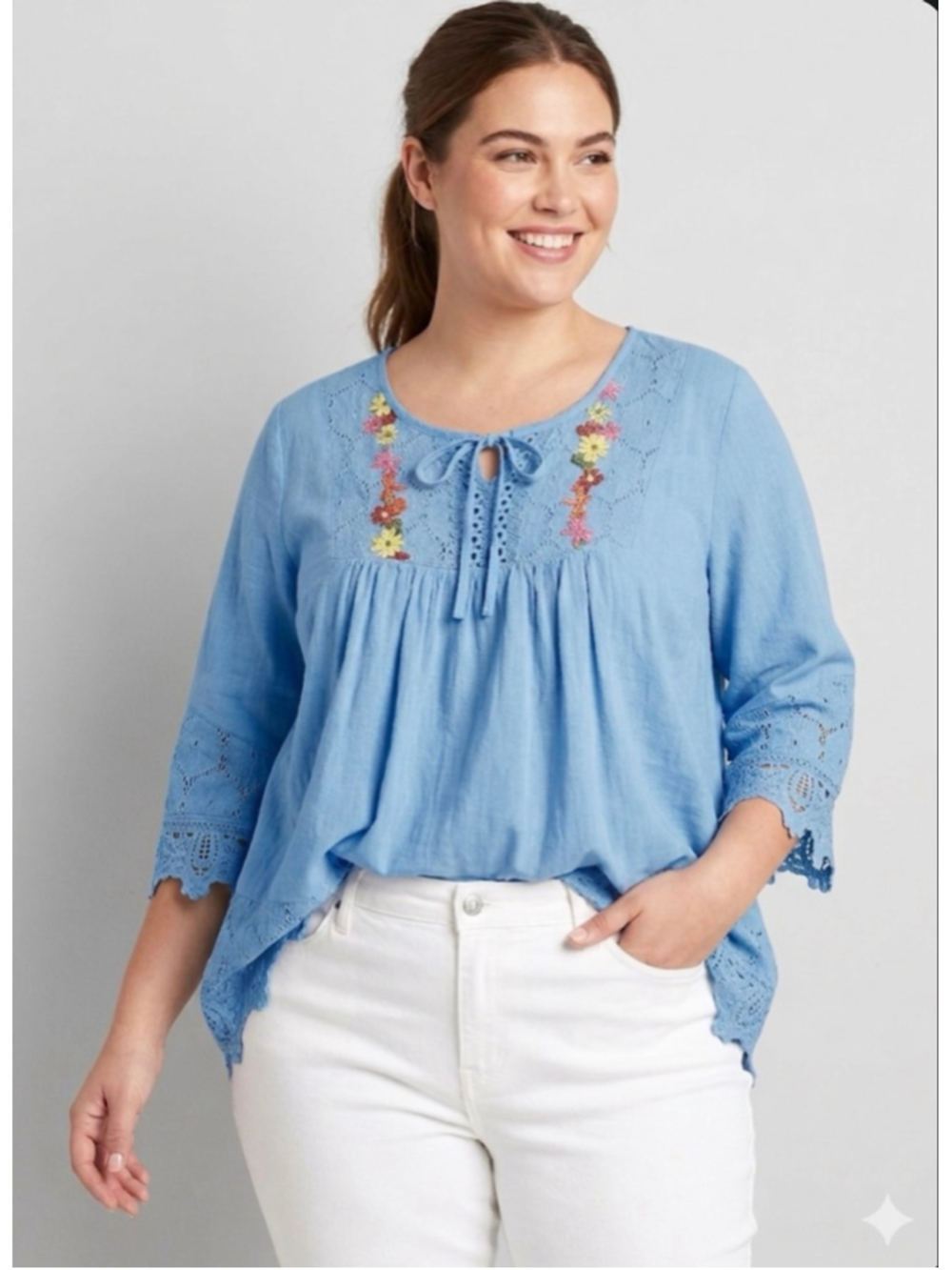 Blue Floral Embroidered Tunic Top with Lace Size 2X
